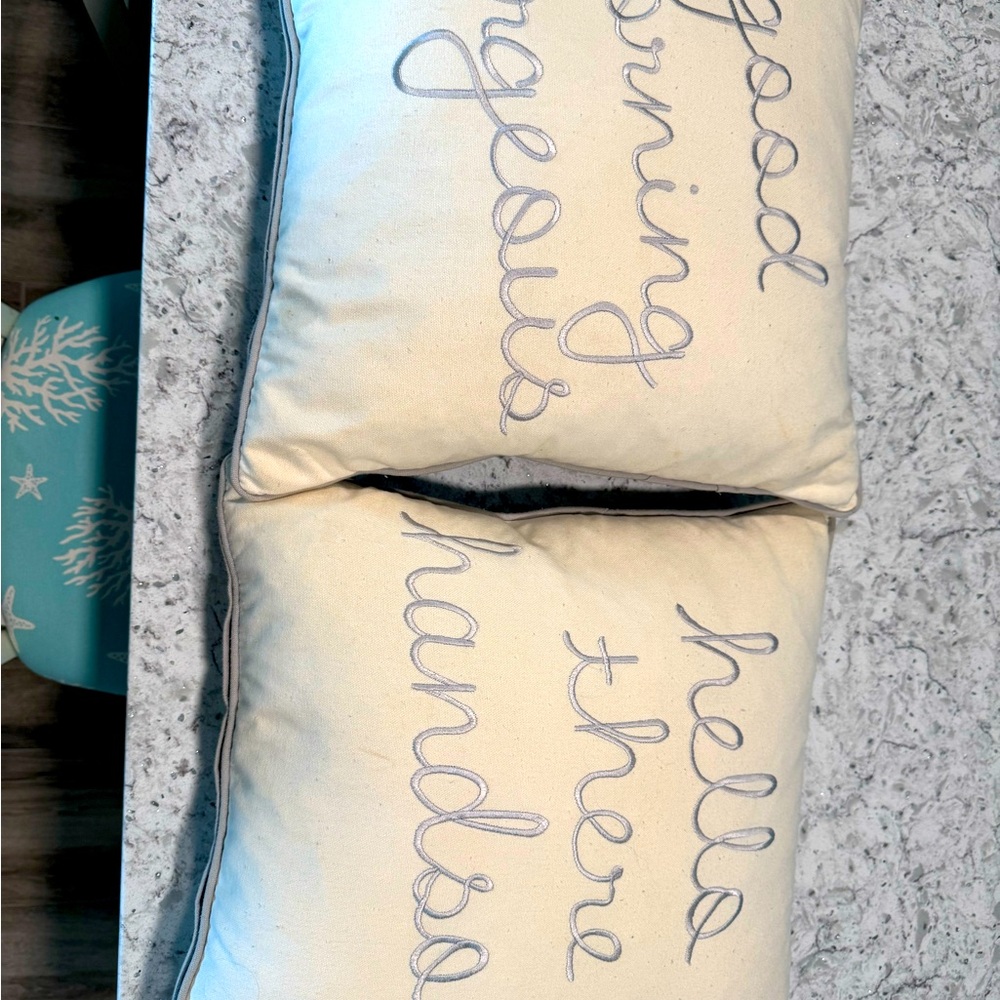 Set of two 17" decorative pillows "Hello There Handsome/Good Morning Georgeous"